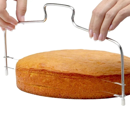 Adjustable stainless steel double-line cake slicer for easy cake cutting in the kitchen. A versatile tool for cake decorating and baking.