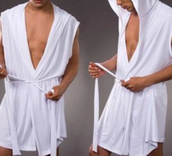 Summer Hooded Sleeveless Bathrobe for Men: Comfortable Milk Silk Material, Slimming Medium and Long Fitting, Ideal as Pajamas or Household Clothing for Warm Seasons.