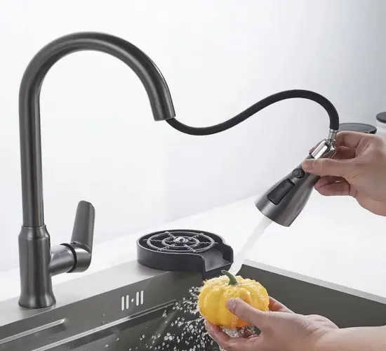 Gray Kitchen Faucet with Single Hole Design, Pull-Out Spout, and Stream Sprayer Head - Available in Chrome or Black Finish