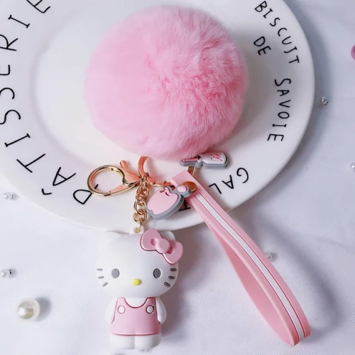 "Adorable Hello Kitty Sanrio Kuromi Penguin Frog Dog Cat Keychains: Cute Keyring Gifts with Fluffy Rabbit Fur Ball for Women and Girls, Perfect Bag Pendant."