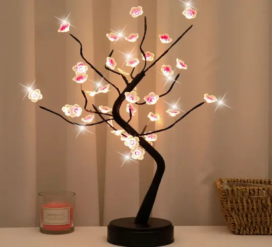 Night Sky Sparkle LED Mini Christmas Tree with Golden Leaves and Willow Cherry Blossoms Fairy Lights – Home Decor Delight
