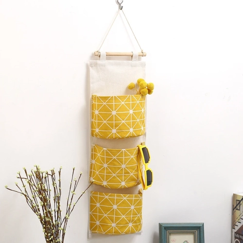 One Three-Tier Cotton Linen Blend Hanging Bag: Creative Geo Pattern Multi-layer, Moistureproof Sundries Hanging Pocket, Ideal for Behind Doors.