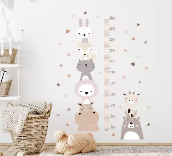 Boho Color Style Wall Stickers with Smile Animals - Bears, Lions, Hearts, Height Measurement Ruler - Kids' Room & Baby Nursery Decor