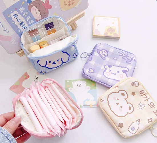 Adorable Large Capacity Sanitary Napkin Storage Bags with Cartoon Rabbit and Bear Designs. Ideal for Girls' Physiological Period, Tampons, and Mini Organizational Needs.
