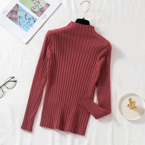 Autumn/Winter Ribbed Knitted Sweater for Women - Mock Neck, Long Sleeve, Solid Design for a Casual and Stylish Look in Knitwear Tops."