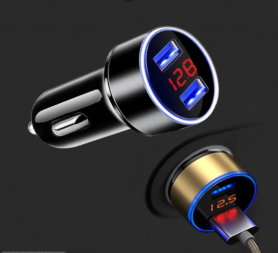 Smartphone Car Charger with Cigarette Lighter Adapter: Dual USB Ports, Digital Display Voltmeter, and Fast Charging Capability