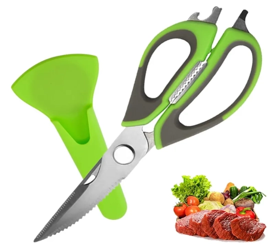 Heavy-duty kitchen shears with holder, ideal for cutting meat, vegetables, BBQ, and herbs. Essential cooking tools and kitchen accessories.