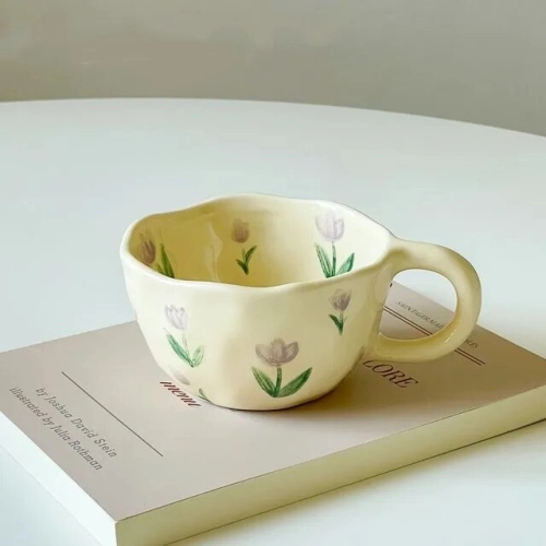 Hand-Pinched Ceramic Coffee Cups Irregular Flower Design, Perfect for Milk Tea and Oatmeal Breakfast. Korean-Style Mug in Kitchen Drinkware
