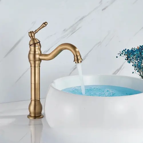 POIQIHY Antique Brass Basin Vessel Sink Faucet with Deck Mounted One-Hole Design for Cold and Hot Water. Features a Mixer Tap for Bathroom Use.