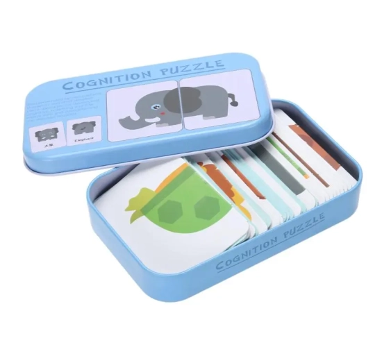 Toddler Cognitive Puzzle Toys: Matching Game with Iron Box Cards for Babies, Featuring Cars, Fruits, Animals, and Daily Life Themes