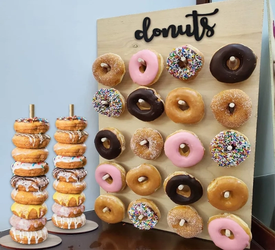 Rustic Wooden Donut Wall DIY Wedding, Baby Shower, Anniversary, and Birthday Party Decoration. Perfect for Table Decor and Party Favors.