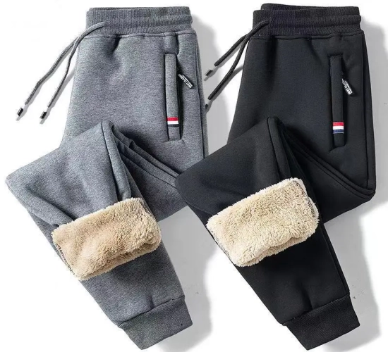 Men's Winter Lambswool Casual Pants - Ideal for Fitness and Jogging. These Solid Drawstring Bottoms feature Fleece Lining and a Straight Trouser Design in Sizes M-5XL."