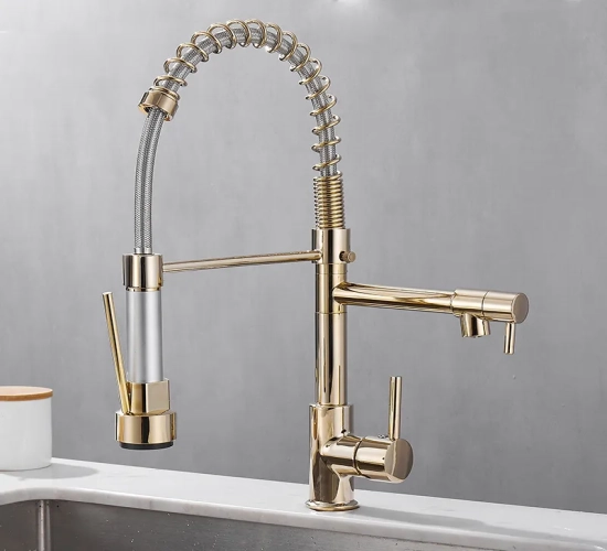 Deck-Mounted Black and Golden Brass Pulling Kitchen Sink Faucets: Dual Outlet Water-Cold Hot Washing Basin Tap with Spring Mixer Taps for Stylish and Functional Kitchen Upgrades