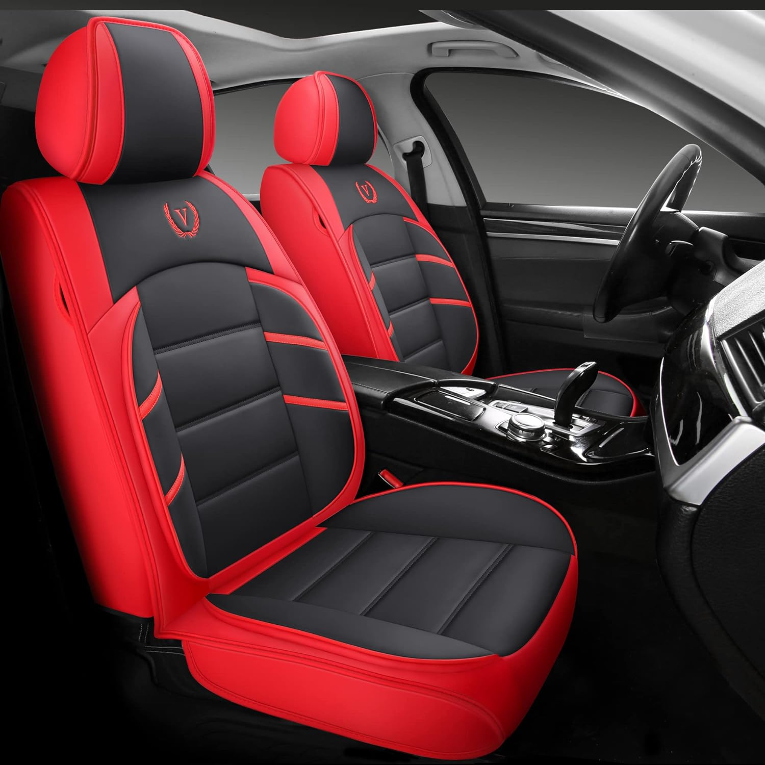 Comfortable Black and Red Leather Car Seat Covers - Full 5-Seater Set, Universal Fit for Most Vehicles