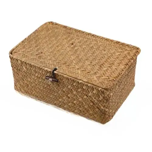 "Hand-Woven Rattan Desktop Organizer: Rectangular Storage Box Perfect for Sundries, Clothes, and Container Management."