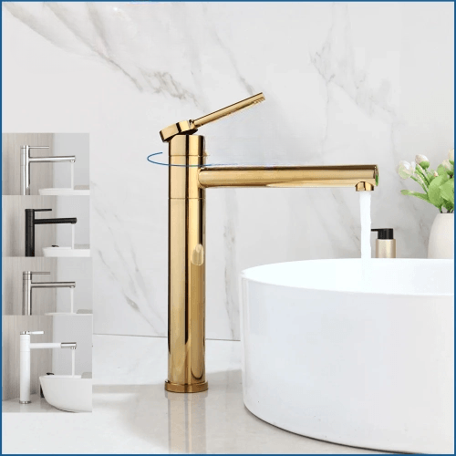Elegant Deck-Mounted Tall Bathroom Faucet: Black and Golden Plated Mixer Tap for Basin Sink, Offering Hot and Cold Water in a Stylish Design