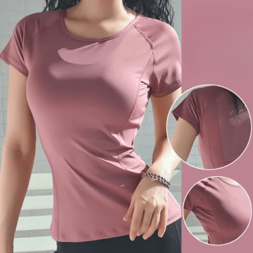 Explore Style and Comfort with Mesh-Stitching Short-Sleeved Sports T-Shirt for Women - Ideal for Yoga, Running, and Fitness. This Ladies' Sportswear is Factory Ready Stock for Your Convenience