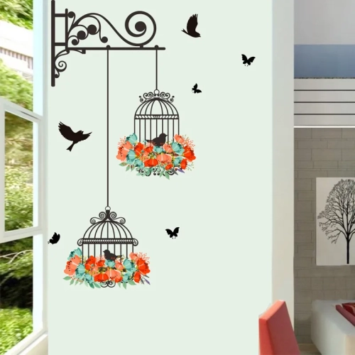 Vibrant Flower and Birdcage Wall Sticker: Creative Home Decor for Living Room, Bedroom, Nursery, and Windows