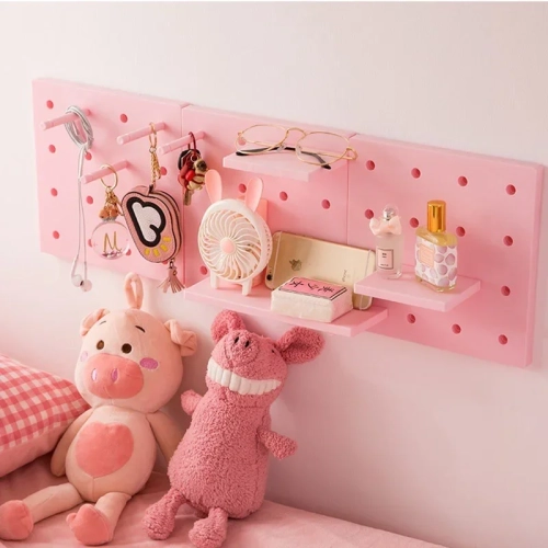Punch-free pegboard display stand for wall organization in the living room, kitchen, or bedroom. Doubles as a wall hanging decoration and shelf.