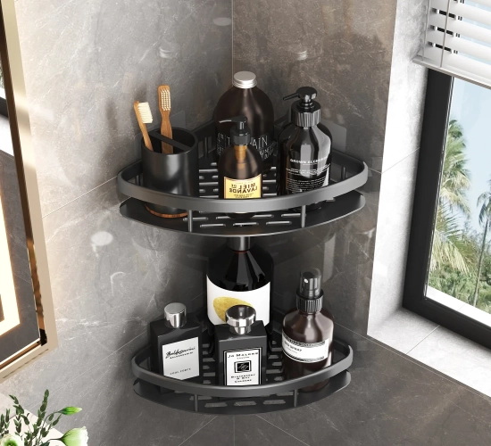 No-drill bathroom rack with wall-mount shelves, corner shelf, and shower holder for WC essentials and shampoo organization.