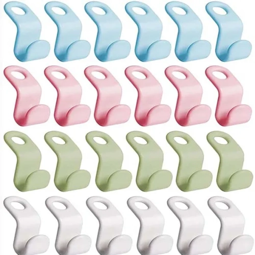 Set of 5 or 10 multifunctional plastic wardrobe hooks for space-saving coat organization in the bedroom.
