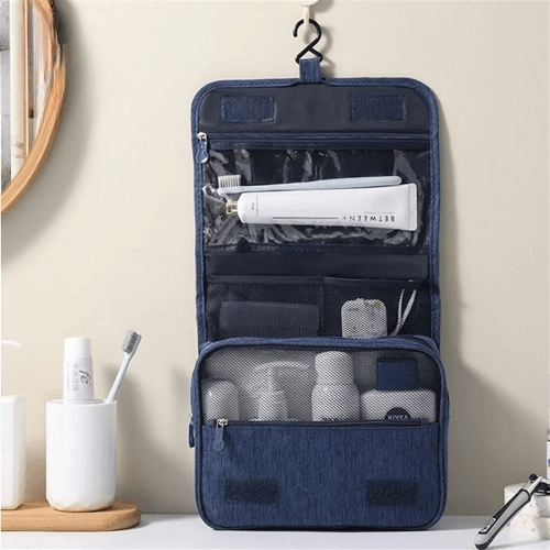 "Convenient Travel Toiletry Washbag: Large Capacity and Waterproof, Designed for Women and Men. This Portable Bathroom Cosmetic Storage Bag Features a Hanging Hook for Easy Use During Travel."