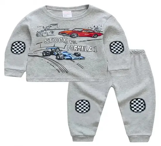 Children's Boys Pajama Set with Cartoon Car Print, Plaid Stitching, and Round Neck Long Sleeve Top with Matching Pants