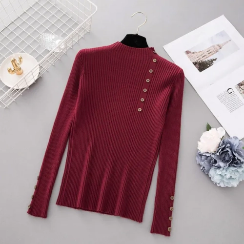 New Fashion Button Turtleneck Sweater Women: Spring Autumn Solid Knitted Pullover for a Slim and Soft Jumper Look, Female Knit Tops