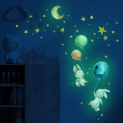 Glow-in-the-Dark Cartoon Bunny Balloon Wall Sticker Cute Rabbit Stickers for Bedroom, Living Room, and Kids' Room Home Decoration Wallpaper