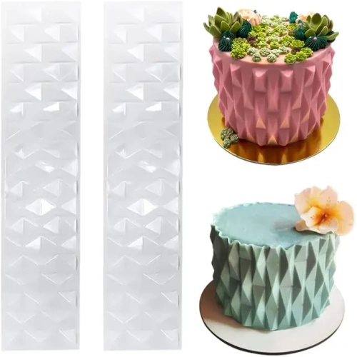 Plastic 3D origami cake wrap mold for designing cake borders and stenciling. A versatile bakeware accessory for chocolate and bakery creations.