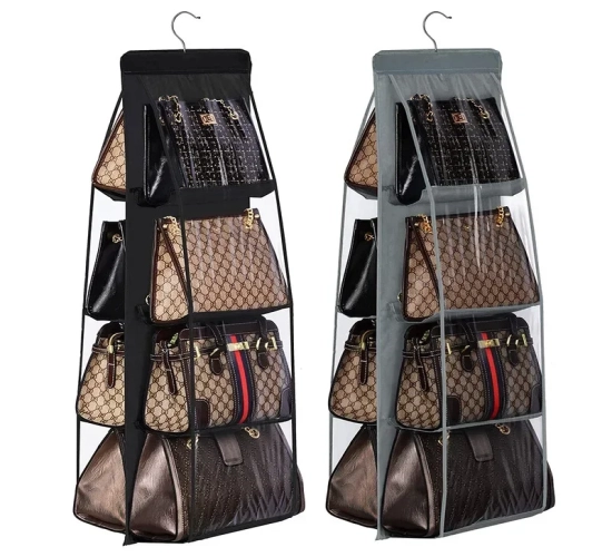 Handbag holder for bedroom wardrobe. Closet organizer with 6/8 dust-proof pockets for efficient bag storage.