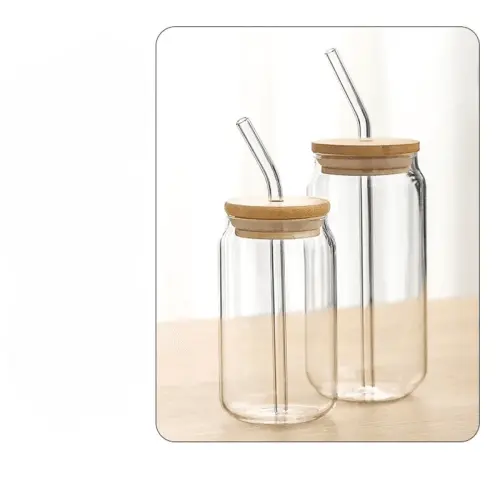 Glass Cup with Straw, Bamboo Lid Transparent Bubble Tea, Iced Coffee, Juice, Milk Mug for Cold Drinks, Beer Can