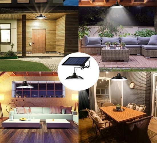 Solar Pendant Light with Dual Heads IP65 Waterproof LED Light for Outdoor and Indoor Use, Ideal for Camping, Garden, Courtyard, and Linear Lighting