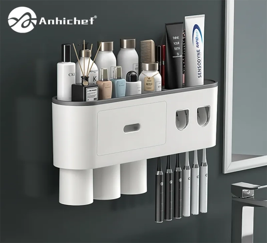 Magnetic Adsorption Inverted Toothbrush Holder: Wall-Mounted Automatic Toothpaste Squeezer and Storage Rack for Convenient Bathroom Accessories