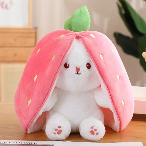 Cute fruit-themed bunny plush toy transforms from carrot/strawberry. Ideal for kids' birthdays or Christmas gifts.