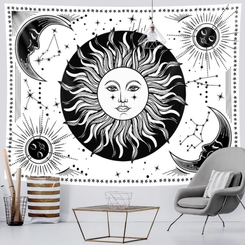 Monochromatic Moon Mandala Tapestry: Bohemian Bedroom Wall Decor with Psychedelic Starlight Art