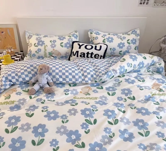 Korean Style Bedding Set Twin to Queen Size Duvet Cover, Flat Sheet, Pillowcase, and Bed Linen for Boys, Girls, and Adults. Fashionable Home Textile."