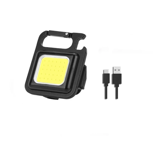 Compact 800LM USB rechargeable COB keychain light with 3 modes. Portable with a folding bracket for use as a work lamp