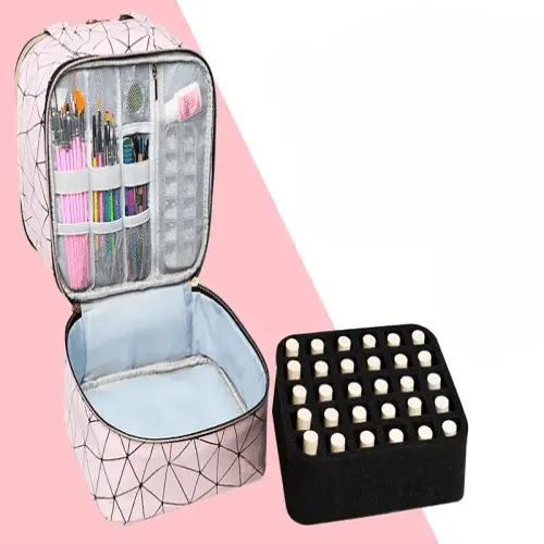 "Portable Nail Polish Storage Bag: Cosmetic Handbag Organizer with Handle, Perfect for Travel, Featuring 30 Bottle Compartments and 2 Layers for Essential Oil Storage."