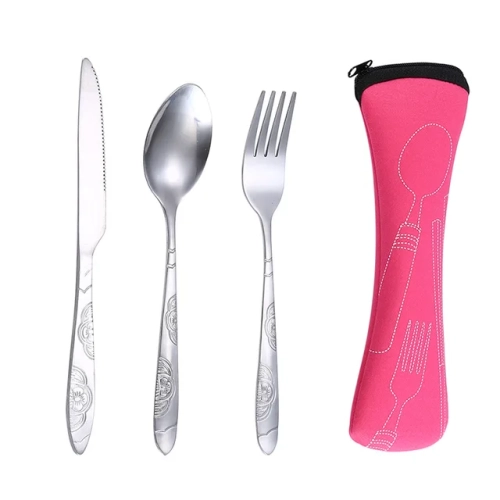Set of 4 or 3 pieces of portable dinnerware, featuring printed knives, forks, and spoons made of stainless steel. Ideal for family camping, includes a bag for easy storage.