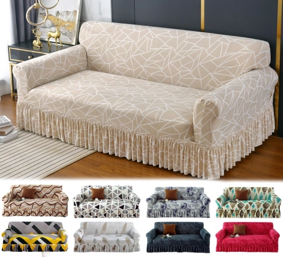Geometric Printed Sofa Skirt Cover: Stretch Slipcover, Protector for 1/2/3/4 Seat Couch. Stylish and Practical Sofa Cover.