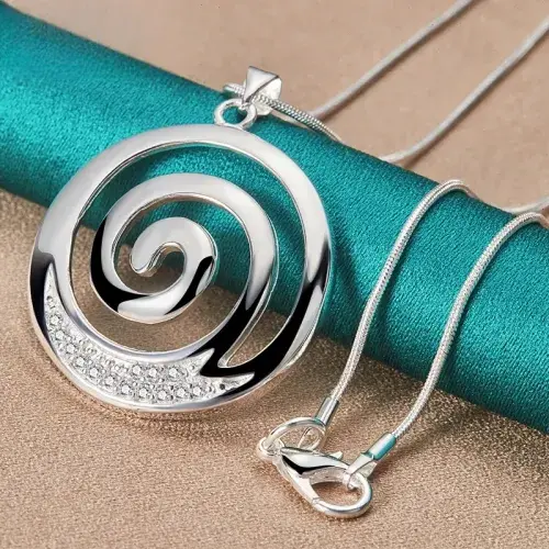 "Elegant 925 Sterling Silver AAA Zircon Round Spiral Pendant Necklace with 16-30 Inch Chain - A Charming Wedding Jewelry Piece for Both Women and Men"