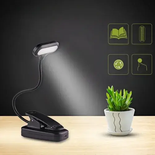 Clip-on LED book light for travel or bedroom reading. Adjustable, battery-powered, and flexible for eye protection during study.
