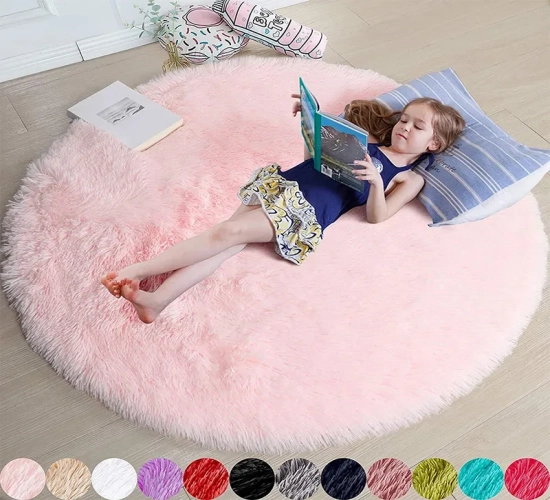 Soft Shaggy White Carpets: Cozy Round Rugs Perfect for Girls' Bedrooms, Living Rooms, and Bedside Spaces. Pink Home Decor and Plush Baby Play Mat Included.