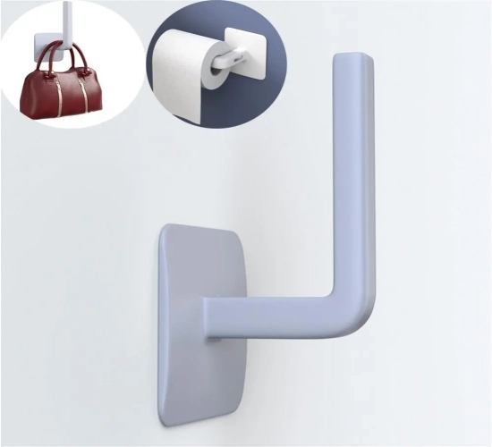 One-piece punch-free toilet paper holder for under-cabinet use. Ideal for organizing and storing tissue rolls in the bathroom or kitchen.