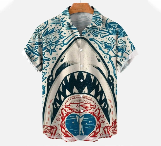 New Men's Shirt: 3D Animal Print Fashion with Button Short Sleeve, Lapel, and Streetwear Vibes. Featuring Hawaiian Shark Design, Perfect for a Stylish and Playful Look.