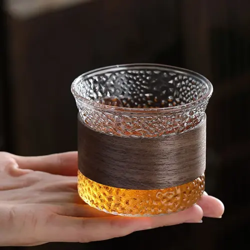 Japanese Style Glass Coffee Mug with Walnut Wood Cup Sleeve: Hammer Pattern Glass Tea Cup, Elegant Coffeeware and Beautiful Tea Mug