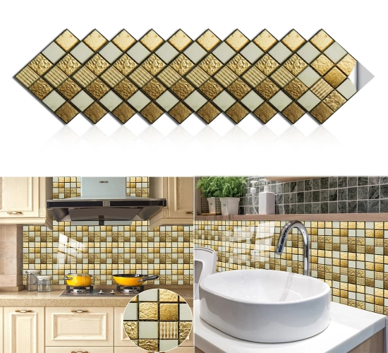 Waterproof Peel & Stick Marble Mosaic Tiles Sticker: Set of 10 Flat Embossing Decals for Kitchen and Bathroom Wall Art Wallpaper"