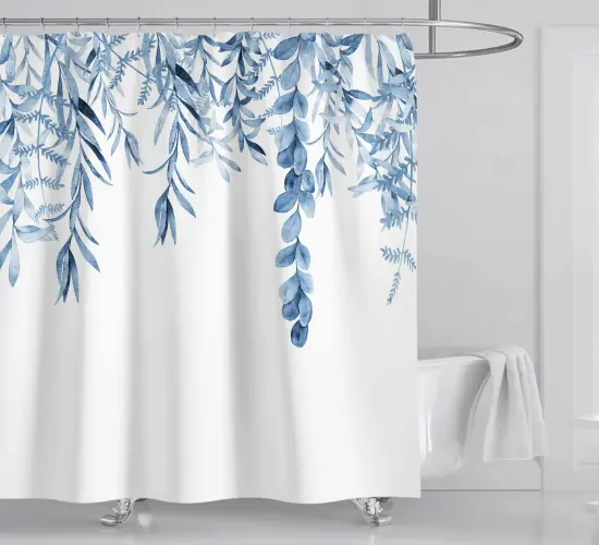 Watercolor Leaves and Floral Bathroom Shower Curtain with Hooks - 180*180CM