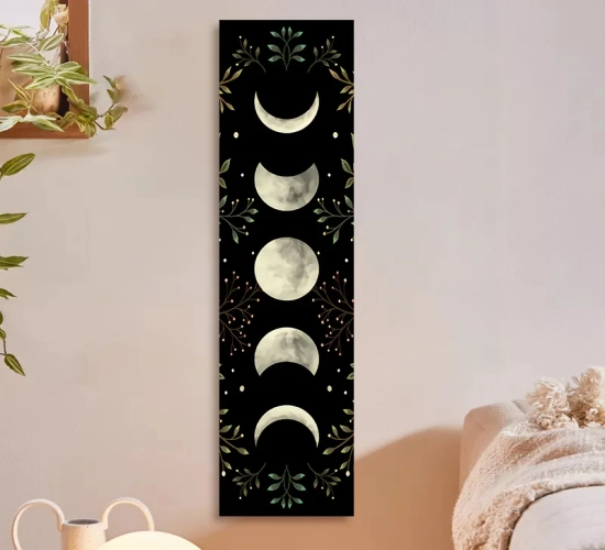 Boho vintage moon phase tapestry for room decor with moonlight, green olive leaf, and black accents. Perfect for home wall decoration